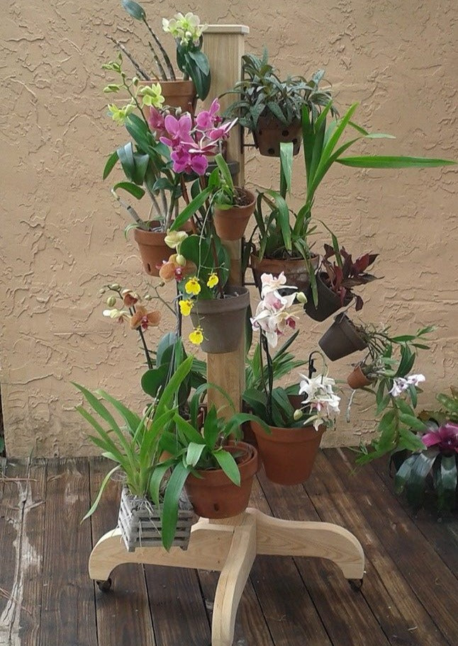 Handcrafted wood 4x4 with stylish legs like a vintage coat rack with 12-15 clay pots of of multi colored orchids secured with hangapot, durable polypropylene plastic flower pot hangers