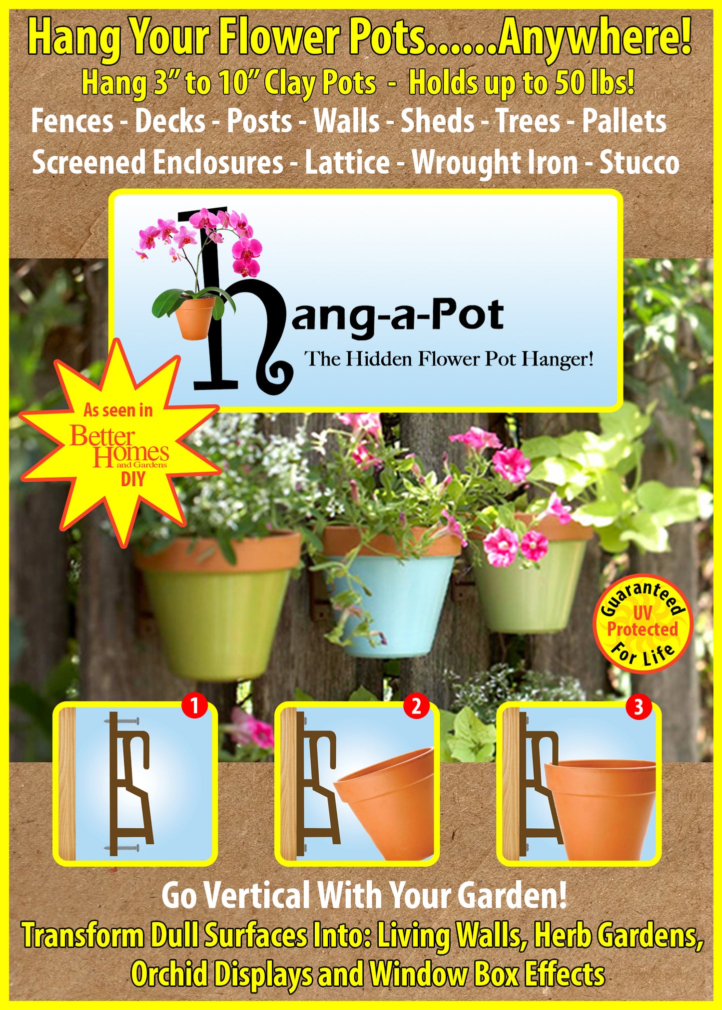 "Hangapot™️ Terra Cotta Flower and Orchid Pot Hangers | Secure 4-10" Clay Pots | Install in Seconds any where | Made in America"