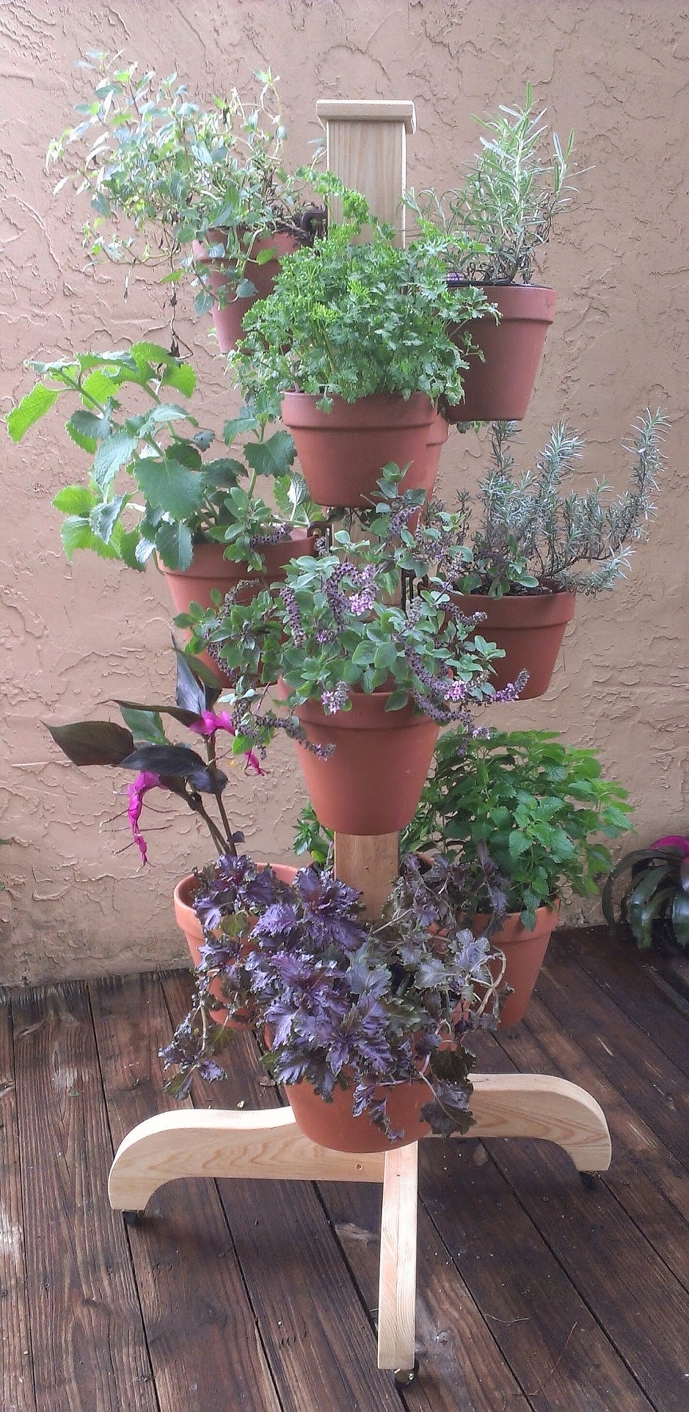 Hangapot™ Space Saving 5' Plant Stand on Wheels - Handcrafted Douglas Fir/ 16 Clay Pot Hangers - Indoor/Outdoor Vertical Garden for Limited Spaces"
