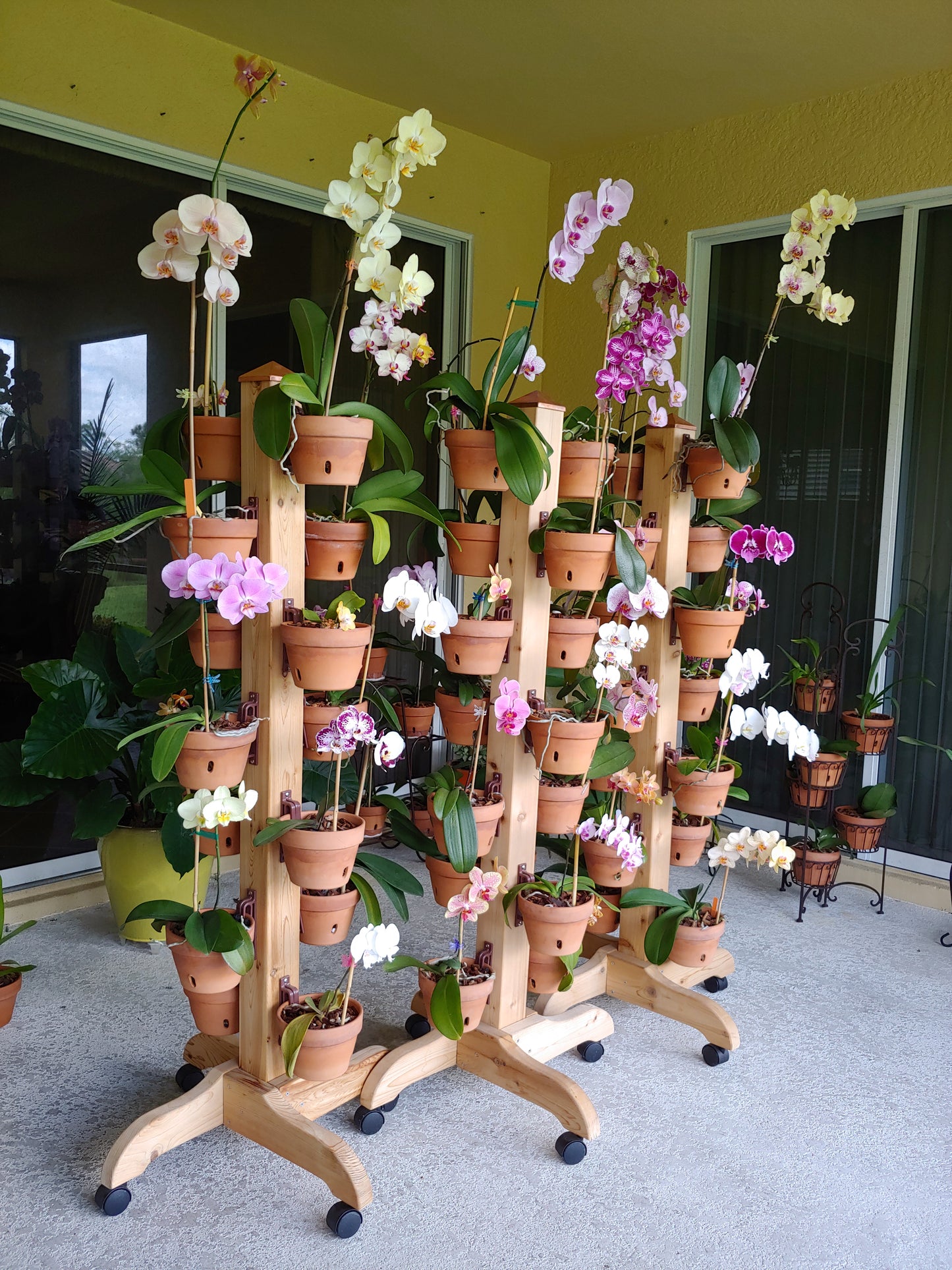 Hangapot™ Space Saving 5' Plant Stand on Wheels - Handcrafted Douglas Fir/ 16 Clay Pot Hangers - Indoor/Outdoor Vertical Garden for Limited Spaces"