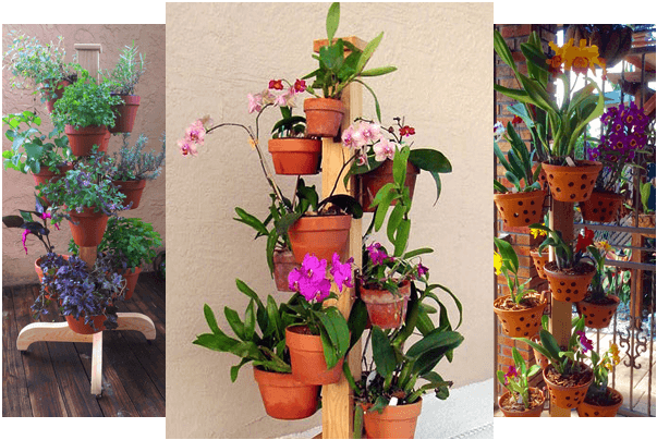 3 wood plant stands on wheels pictured with herbs, and orchids with 12 to 16 clay pots with plants hanging on each pole.