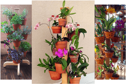 3 wood plant stands on wheels pictured with herbs, and orchids with 12 to 16 clay pots with plants hanging on each pole.