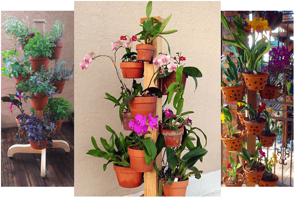 Hangapot™ Space Saving 5' Flower Pole on Wheels/16 Clay Pot Hangers